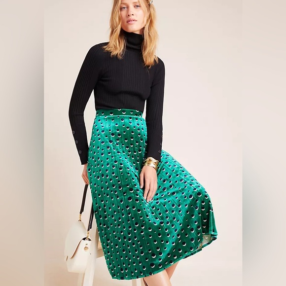 Anthropologie Maeve Carly Pleated Velvet Midi Skirt Green NEW NWT SMALL